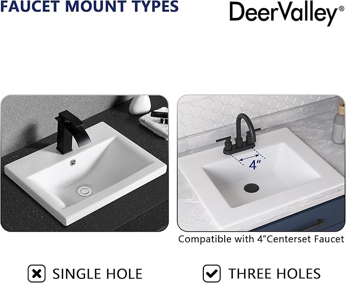 DeerValley 21x18 Inch Rectangular Fireclay Drop-in Bathroom Sink, White Vessel Sink with Overflow, Modern Art Basin, DV-1DS0123