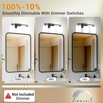 Quntis Black Bathroom Light Fixtures Over Mirror 5 Colors Adjustable, 3 Lights LED Bathroom Vanity Lighting with Milky White Frosted Glass Shade, Energy-Saving LED Vanity Light 18.9 inch