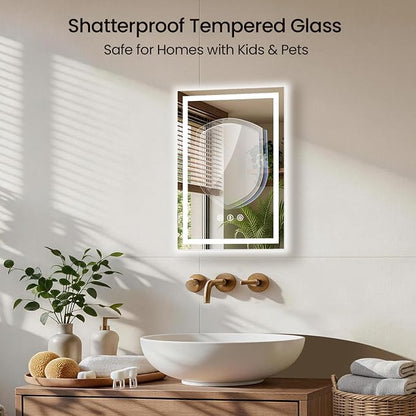 20x28 LED Bathroom Mirror with Anti-Fog, Backlit & Front Lit, Memory | Stepless Dimmable 3 Color CRI 95+ Shatterproof Tempered Glass ETL Listed for Safety Lighted Bathroom Vanity Mirror for Wall