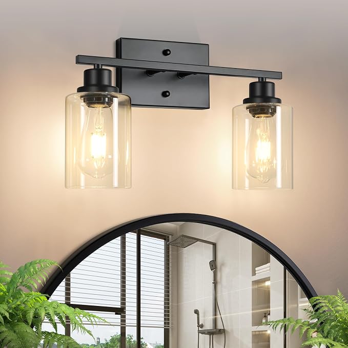 Ascher Bathroom Light Fixtures, 2-Light Vanity Light Over Mirror, Matte Black Wall Sconces with Clear Glass Shades, Wall Lamp for Living Room Bedroom, E26 Base(Bulbs Not Included)