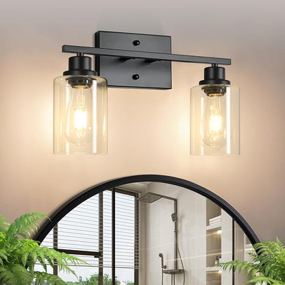 Ascher Bathroom Light Fixtures, 2-Light Vanity Light Over Mirror, Matte Black Wall Sconces with Clear Glass Shades, Wall Lamp for Living Room Bedroom, E26 Base(Bulbs Not Included)