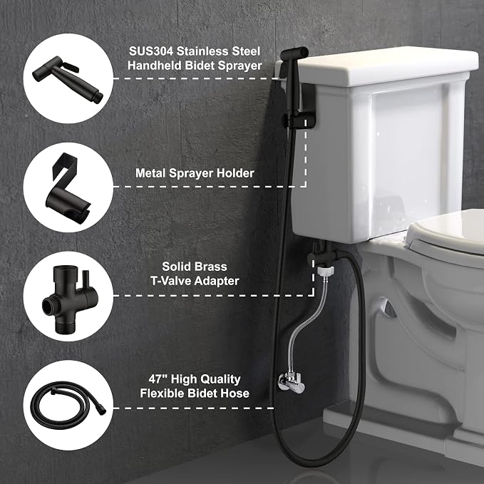 Handheld Bidet Sprayer for Toilet, Stainless Steel Baby Cloth Diaper Sprayer Kit, Bathroom Toilet Bidet Attachment Set for Bathing Pets Feminine Hygiene, Matte Black BDS01-7