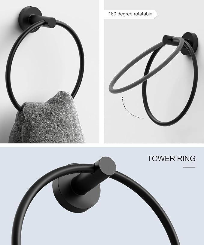 Matte Black Bathroom Hardware Accessories Set 6 Pcs | Round Towel Rack and Toilet Paper Holder Set SUS304 Stainless Steel Towel Bar Set Wall Mounted by HOMEMYSTIQUE