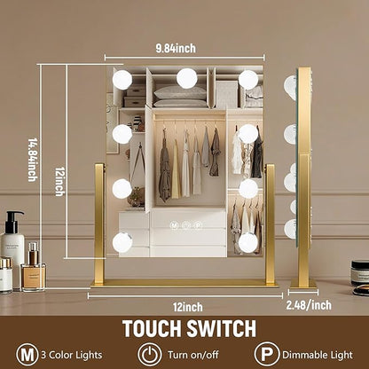 Moonee Gold Vanity Mirror with Lights, Hollywood Lighted Makeup Mirror with 9 Dimmable Bulbs and 10X Magnification 360°Rotation, 3 Colors Modes, Light Up Mirror for Tabletop（12" x 14"）