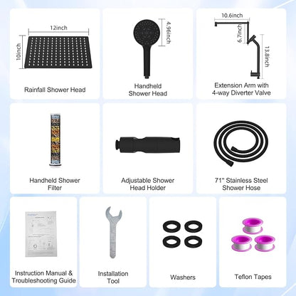 12" Metal Rain Shower Head with Handheld, 10-Mode with Filter, Easy Reach | Black High-Pressure Rainfall Showerhead, Upgraded 4-Way Diverter Pause Mode, Adjustable 16" Extension Arm/71" Hose/Holder