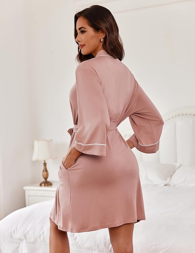 Ekouaer Women Kimono Robes Knee Length Knit Bathrobe Lightweight Soft Sleepwear V-neck Casual Ladies Loungewear