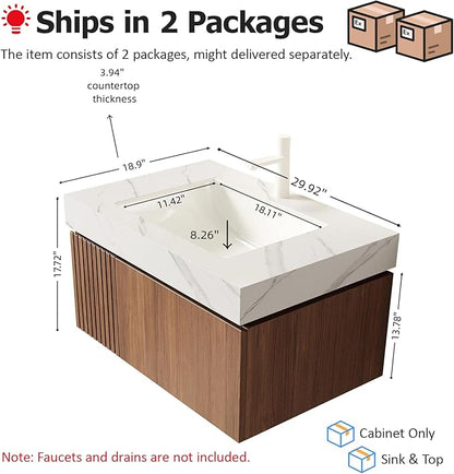 Ambrovina 30" Floating Bathroom Vanity with Sink, Modern Plywood Bathroom Storage Cabinet with Drawer and Door, Carrara White Sintered Stone Countertop, White Ceramic Basin, Pre-Assembled, Dark Oak