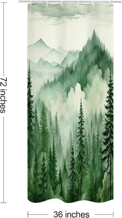 Litabel Green Small Stall Misty Pine Forest Shower Curtain 36 x 72, Mountain Foggy Woodland Scenery Tree Narrow Half Size Shower Curtains for Bathroom, Abstract Waterproof Nature-Themed Decor
