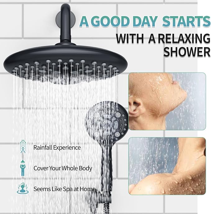 SR SUN RISE Shower Faucet - 10 Inch Multifunctional High Pressure Shower Head System with Handheld Shower Head Fixtures - Valve Included - Matte Black