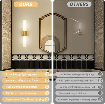 Wall Sconces Set of Two, Modern 21" Vanity, Frosted Glass, Gold | Indoor Wall Light Fixture. For Bathroom, Mirror, Bedroom, Living Room, Hallway. Mounting Hardware Included. Easy To Install.