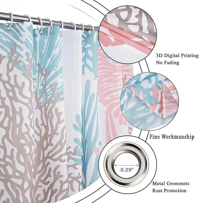 Nautical Coastal Shower Curtain, Blue Pink Ocean Beach Seashell Starfish Themed Bathroom Curtain Waterproof Fabric Machine Washable with Hooks, 72" Wx78 L