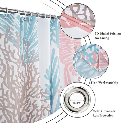 Nautical Coastal Shower Curtain, Blue Pink Ocean Beach Seashell Starfish Themed Bathroom Curtain Waterproof Fabric Machine Washable with Hooks, 72" Wx72 L