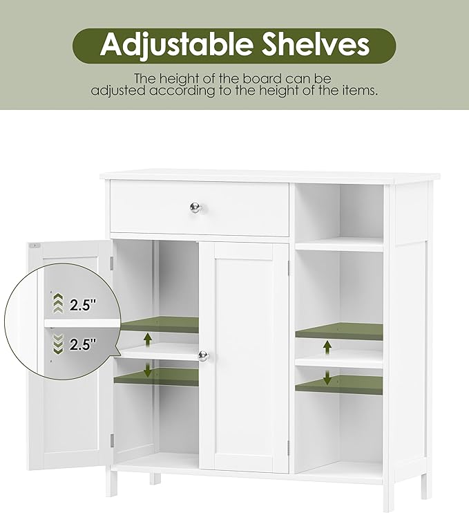White Bathroom Floor Cabinet with Large Drawer, Floor Storage Cabinet with Doors & Adjustable Shelves, Modern Storage Cupboard with 3 Open Space for Living Room, Entryway, Dining Room