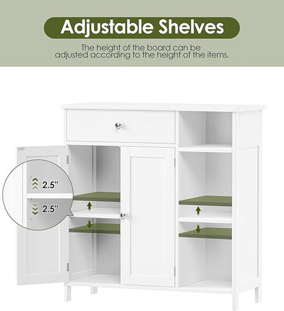 White Bathroom Floor Cabinet with Large Drawer, Floor Storage Cabinet with Doors & Adjustable Shelves, Modern Storage Cupboard with 3 Open Space for Living Room, Entryway, Dining Room