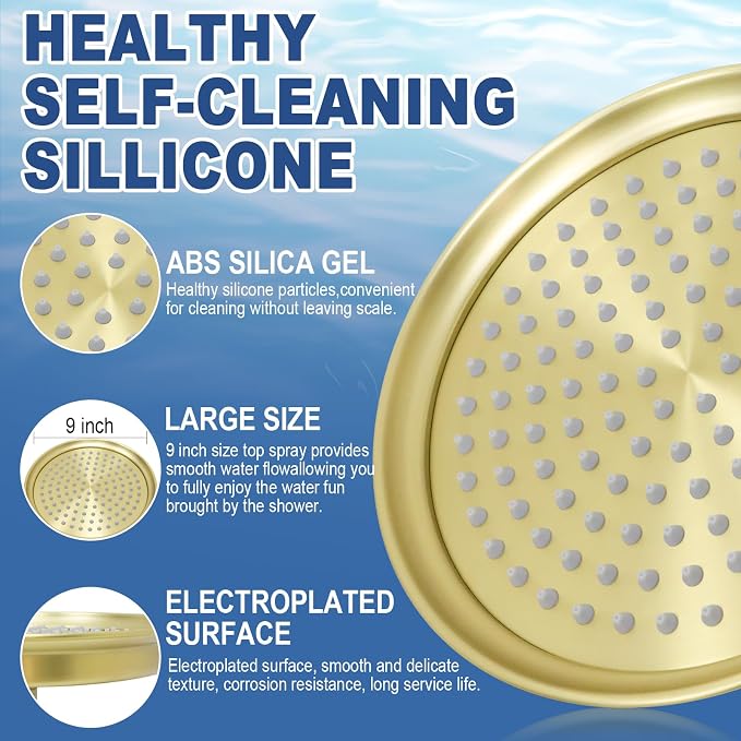 Single Round Rain Shower Head, 9 inches High-Pressure Rainfall Showerhead with Silicone Nozzle, Modern Bathroom Vintage Shower Overhead Heads (Brushed Gold, Stainless Steel Thickness)