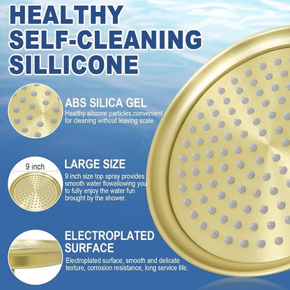 Single Round Rain Shower Head, 9 inches High-Pressure Rainfall Showerhead with Silicone Nozzle, Modern Bathroom Vintage Shower Overhead Heads (Brushed Gold, Stainless Steel Thickness)
