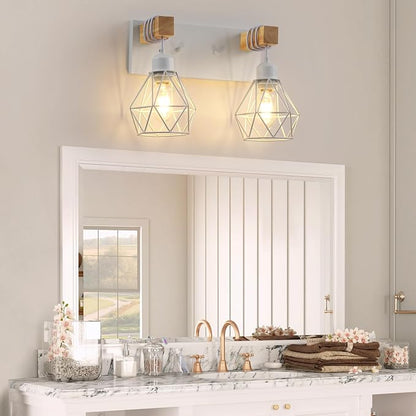 VbiTmn Bathroom Light Fixtures, 2 Light White Farmhouse Wood Vanity Lights | Rustic Design, Diamond Metal Shades, Easy to Install, Wall Sconces for Bathroom, Bedroom, Makeup Area, Over Vanity Mirror