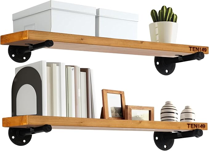 TEN49 Real Wood Rustic Floating Shelves Wall - 24 Wide Small Wooden Industrial Pipe Shelving - Farmhouse Pipe Wall Shelves Furniture Bathroom Decor Art Shelf Kitchen - Light Walnut Color - Set of 2