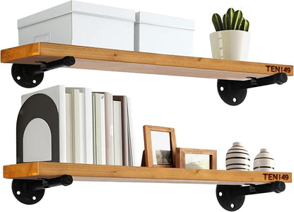 TEN49 Real Wood Rustic Floating Shelves Wall - 24 Wide Small Wooden Industrial Pipe Shelving - Farmhouse Pipe Wall Shelves Furniture Bathroom Decor Art Shelf Kitchen - Light Walnut Color - Set of 2