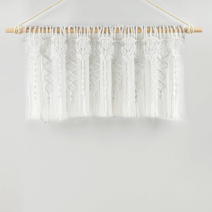 Lush Decor Boho Macrame Textured Cotton Valance, 50" W x 20" L, White - Boho Kitchen Curtains & Wall Decor - Macrame Valance - Bathroom Window Curtains
