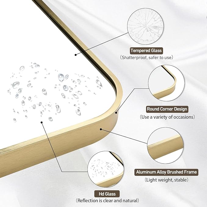 Gold Bathroom Mirror, 24x32 Inch Brushed Gold Mirror, Aluminum Alloy Framed Vanity Mirror, Rounded Rectangle Bathroom Mirror for Over Sink, Anti-Rust Wall Mirror (Horizontally or Vertically)