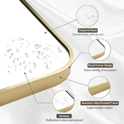 Gold Bathroom Mirror, 24x32 Inch Brushed Gold Mirror, Aluminum Alloy Framed Vanity Mirror, Rounded Rectangle Bathroom Mirror for Over Sink, Anti-Rust Wall Mirror (Horizontally or Vertically)