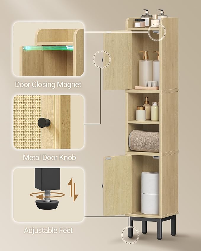 Hzuaneri Slim Bathroom Storage Cabinet, Narrow Bathroom Organizers,2 Doors | Narrow Bathroom Storage with 4 Adjustable Feet, Laundry Room Organization for Small Space,Kitchen, Rattan Yellow BC22402Y