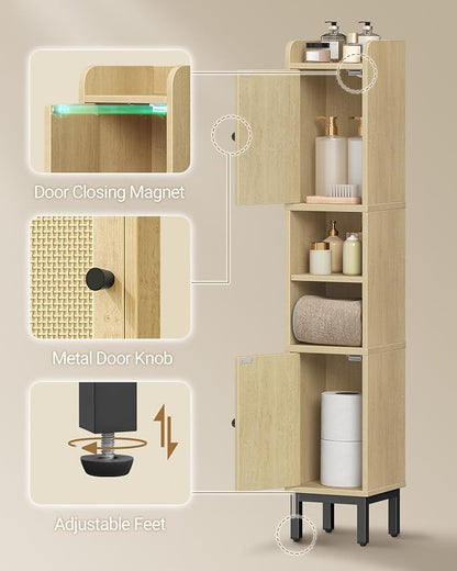 Hzuaneri Slim Bathroom Storage Cabinet, Narrow Bathroom Organizers,2 Doors | Narrow Bathroom Storage with 4 Adjustable Feet, Laundry Room Organization for Small Space,Kitchen, Rattan Yellow BC22402Y