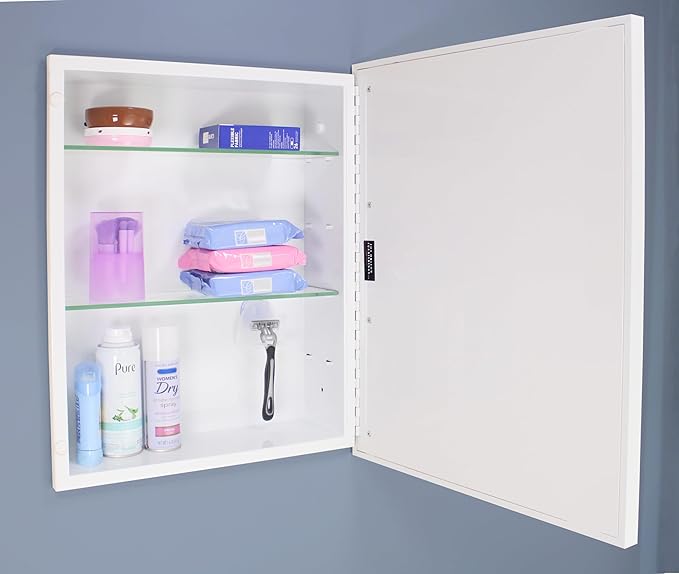 Fox Hollow Furnishings 16x20 Parker Metro Metal Framed Rectangle Recessed Bathroom Medicine Cabinet, Floating Mirror, 14x24 in-Wall Opening, Steel, Adjustable Glass Shelves, Magnet Close, White