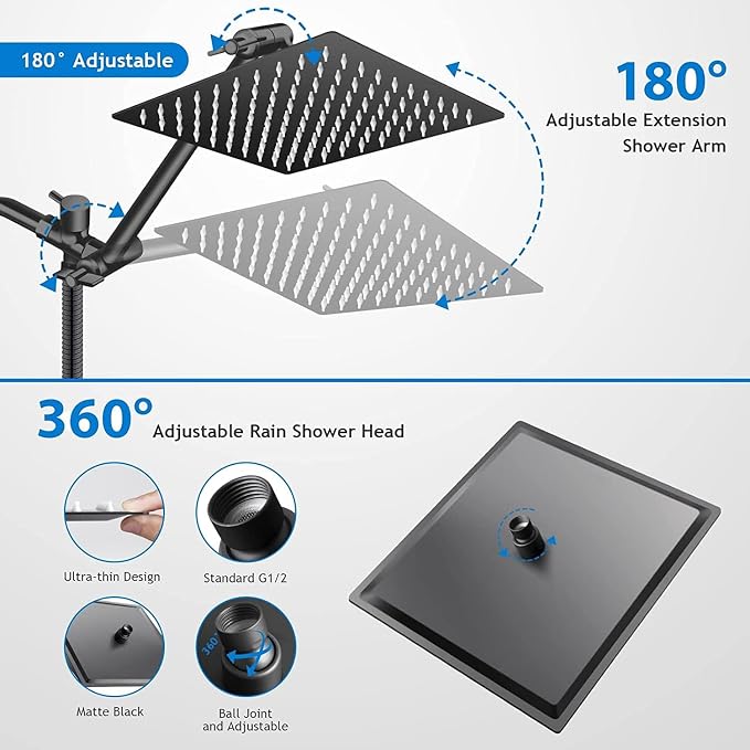 Rainfall Shower Head with Handheld Combo, Black, 10 Inch & 3 Spray Modes | 180° Adjustable with Extension Arm, Easy To Install