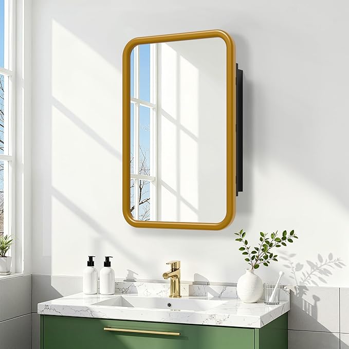 Casaphoria 30" H x 20" W Bathroom Medicine Cabinet with Mirror, Metal Frame Wall Medicine Cabinets Mirrors, Wall Mirror Cabinet, Gold