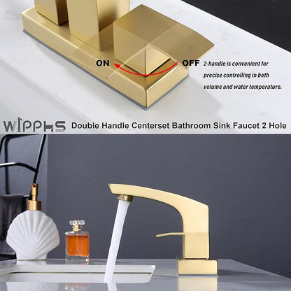 Gold Bathroom Sink Faucet Centerset, Stainless Steel Brushed Gold Faucet for Bathroom Sink with Pop Up Drain Assembly and cUPC Supply Lines, 4 in Center Set 2 Handle Bathroom Faucet Matte Gold