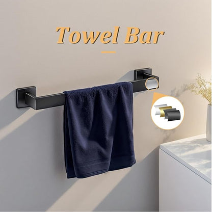 5 Pieces Bathroom Hardware Accessories Set 16 Inch Wall Mounted Towel Bar Set Matte Black Towel Rack Rings Stainless Steel Toilet Paper Holder Bath Coat Hooks