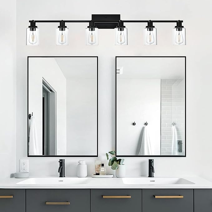 MELUCEE Ceiling Track Lighting Kits 6 Light Bathroom Light Fixtures Wall Mount with Flexibly Rotatable Light Head, Modern Black Spotlights with Clear Glass Shade