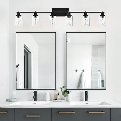 MELUCEE Ceiling Track Lighting Kits 6 Light Bathroom Light Fixtures Wall Mount with Flexibly Rotatable Light Head, Modern Black Spotlights with Clear Glass Shade