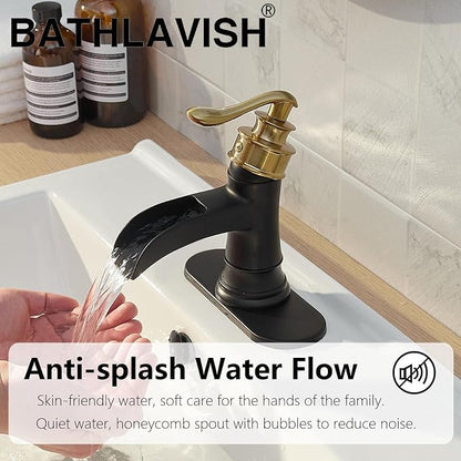 Bathroom Sink Faucet 3 Hole Double Handle Widespread Waterfall | Black and Gold,Solid Brass,8 Inch,Pop-up Drain,Control of Hot and Cold Water,Rust-Resistant,Corrosion Resistant, Long-Lasting