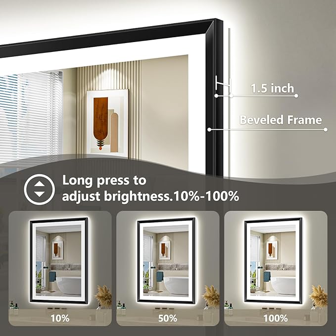24x32 Black Framed LED Bathroom Mirror with Lights, Backlit and Front Light, Lighted Bathroom Vanity Mirror for Wall Dimmable Anti-Fog Memory Tempered Glass Horizontal/Vertical