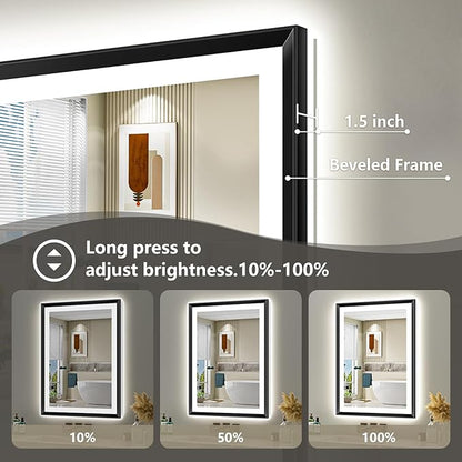 24x32 Black Framed LED Bathroom Mirror with Lights, Backlit and Front Light, Lighted Bathroom Vanity Mirror for Wall Dimmable Anti-Fog Memory Tempered Glass Horizontal/Vertical