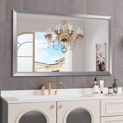 Bathroom Mirror for Wall, 60x36 Inch (Brushed Silver) | HD Reflection, Tempered Glass, Thick Metal Framed Rectangle Mirrors for Over Sink, Bedroom, Living Room, Entryway, Anti-Rust