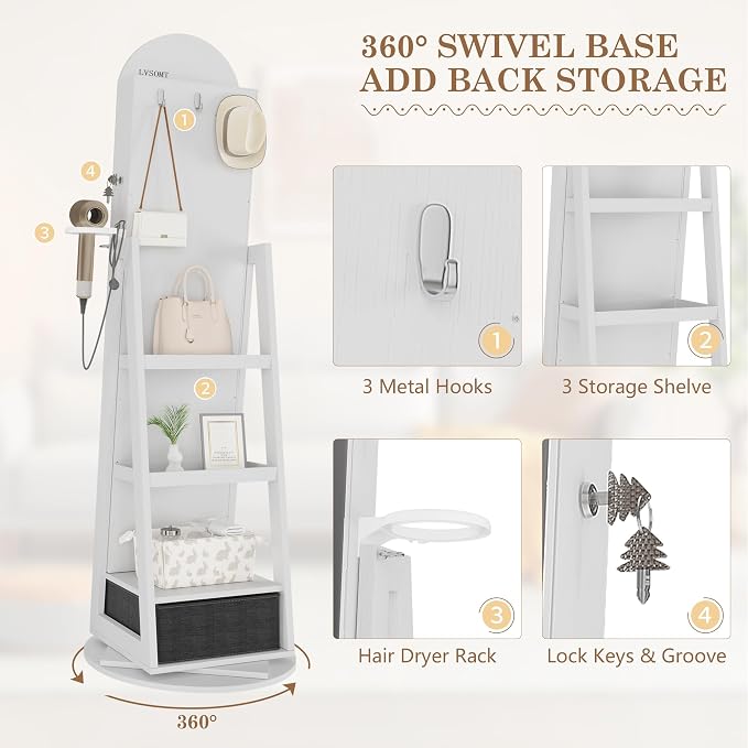 LVSOMT 64" H Arched LED Mirror Jewelry Cabinet Standing, White | 360° Swivel Full-Length Mirror with Storage, Lockable Jewelry Organizer with Inner Makeup Shelf, Gift for Women