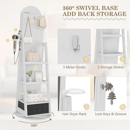 LVSOMT 64" H Arched LED Mirror Jewelry Cabinet Standing, White | 360° Swivel Full-Length Mirror with Storage, Lockable Jewelry Organizer with Inner Makeup Shelf, Gift for Women