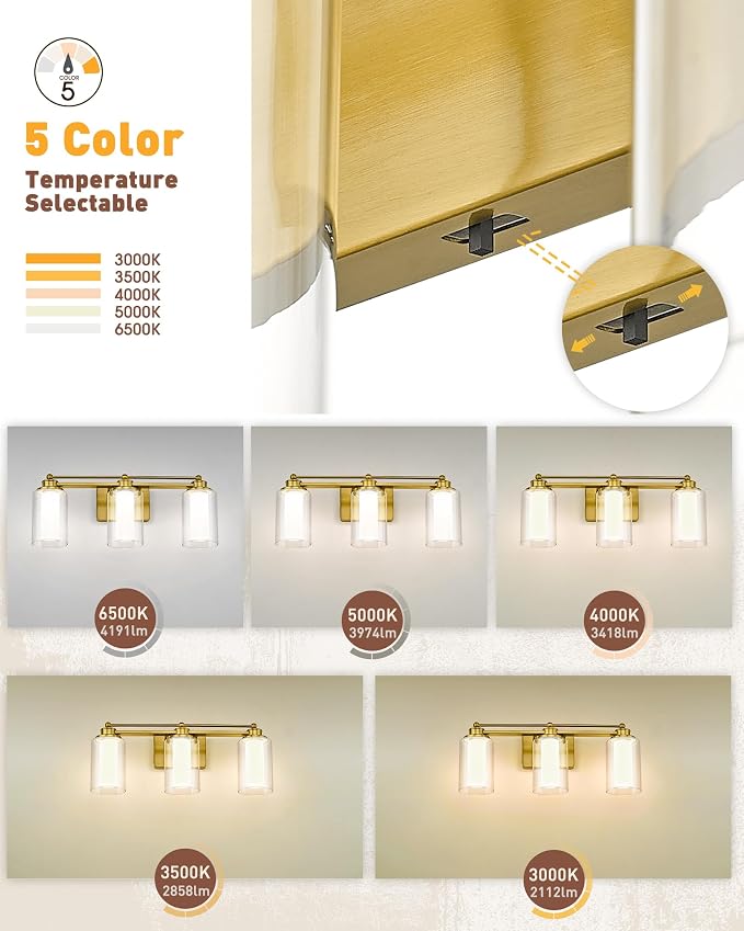 HWH 3-Light Bathroom Vanity Light, Clear Glass, Dimmable, 5HLT63B-3W-LED BG | 5CCT, Brushed Gold, 18W, Bathroom Light Fixtures Antique Brass Vanity Light, Vanity Lights, Dimmable Integrated LED Lighting