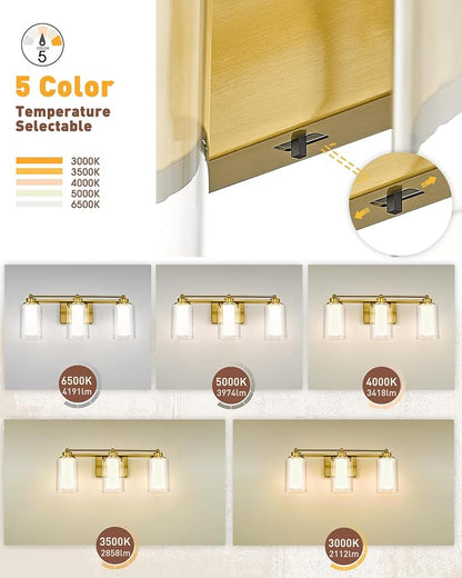 HWH 3-Light Bathroom Vanity Light, Clear Glass, Dimmable, 5HLT63B-3W-LED BG | 5CCT, Brushed Gold, 18W, Bathroom Light Fixtures Antique Brass Vanity Light, Vanity Lights, Dimmable Integrated LED Lighting