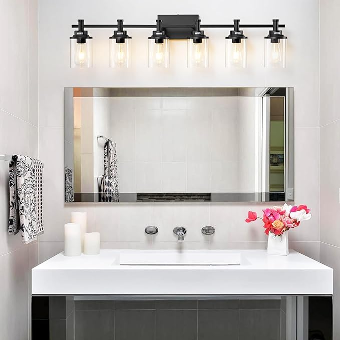 Modern Black Bathroom Vanity Lighting Over Mirror,6 Lights Bathroom Vanity Lights with Clear Glass Shade, Metal Vanity Lights for Bathroom,Bedroom,Living Room