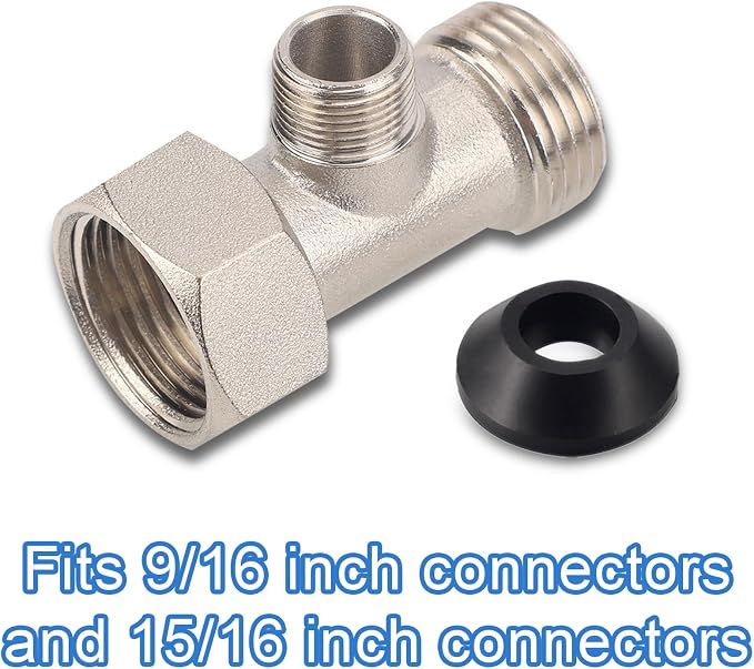 7/8"x7/8"x3/8" 3-Way T Valve Connector with Washer Universal Metal Adapter | T-Adapter for Shower Toilet Bidet Attachment Valve Hose Fitting Replacement Parts Accessories