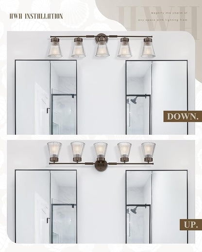 5-Light Bathroom Vanity Light, HWH Farmhouse Vanity Lights for Bathroom Vanity Lamp Oil Rubbed Bronze, Vanity Sconce with Clear Striped Glass, 5HZG97B-5W ORB
