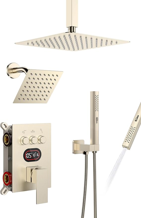 Longriver 3-Push Button Shower Faucet Set Hydro Power Temperature Display | Shower System Ceiling Mounted 10" & Wall Mounted 6" Shower Head with 3-Spary Handheld, Brushed Nickel