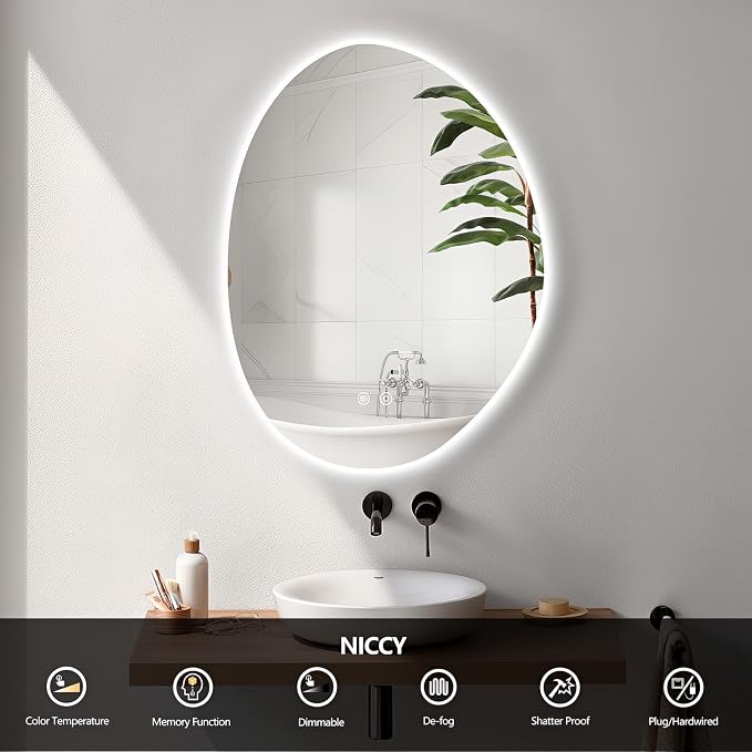 Niccy Irregular LED Bathroom Mirror, Frameless Backlit Wall Mirror, 20"x28" | Asymmetrica Lighted Mirror for Bedroom Living Room, Modern Smart-Mirror with 3 Color Lighting, Anti-Fog, Memory Function