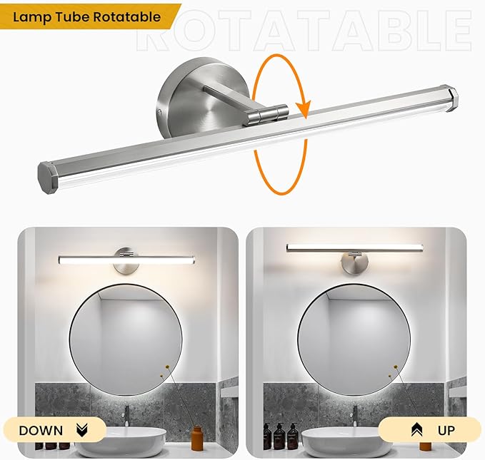 KAISITE Bathroom Light Fixture Over Mirror 22IN Brushed Nickel Vanity Lighting Fixture Dimmable LED Vanity Light Rotatable Modern Bathroom Light Bar 18W 3000K