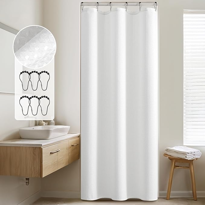 MIULEE Stall Waffle Weave Fabric Stand Up Shower Bath Curtain with 6 Metal Hooks Small 260GSM Heavy Washable Waterproof Narrow Thick Cloth Half Shower Curtains Set for Bathroom Hotel,W36*L72,White